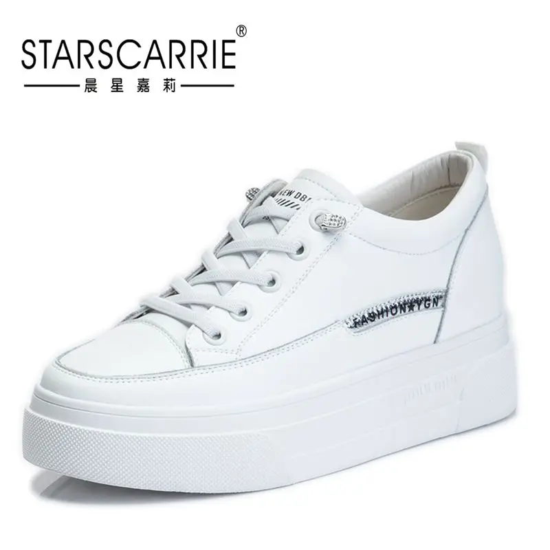 

Женские кроссовки на толстой подошве, кожаные кроссовки белого цвета на плоской подошве, с внутренней высотой 6,5 см, для весны, 2021