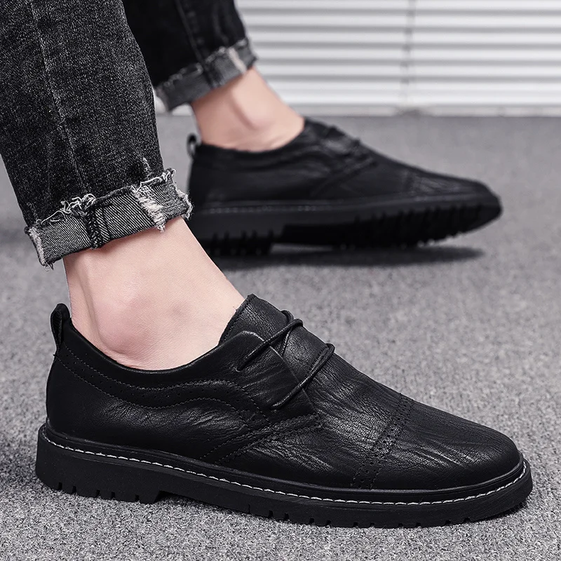 

Shoes Men Casual Lace Up Breathable Black Leather Flats Shoes High-low Top Outdoor Sneakers Men Tenis Masculino Adulto