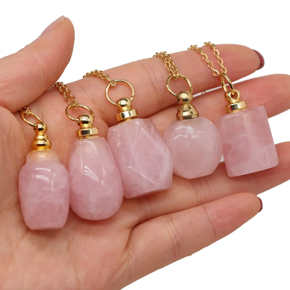 

New Natural Stone Perfume Bottle Necklace Exquisite Rose Quartz Pendant Charms Jewelry For Elegant Lady Love Romantic Gift