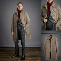 houndstooth men suit overcoat fashion plaid long blazer single breasted party prom custom made male jacket coat costume homme