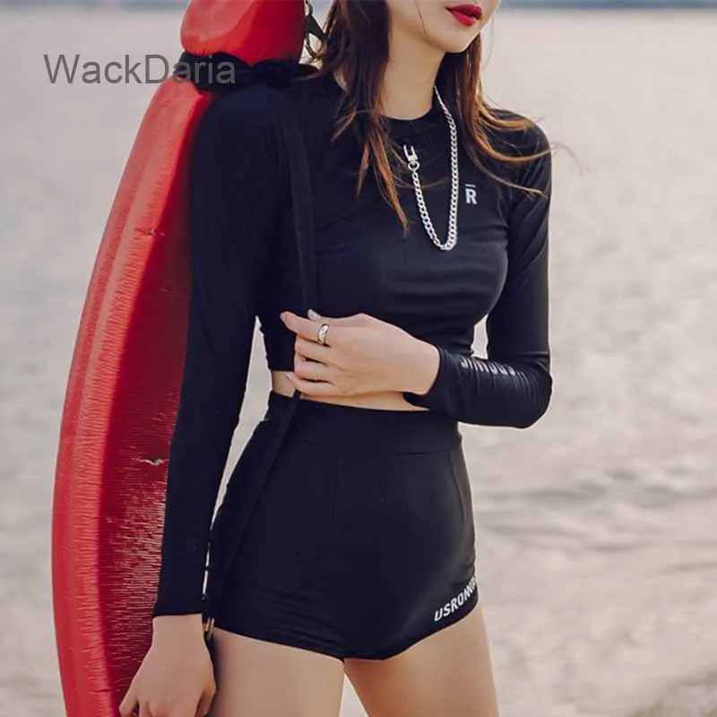 WackDaria, Хит, для женщин, с длинным рукавом, короткие штаны, купальник, Рашгард, гидрокостюм, для серфинга, костюм, пляжная одежда на молнии
