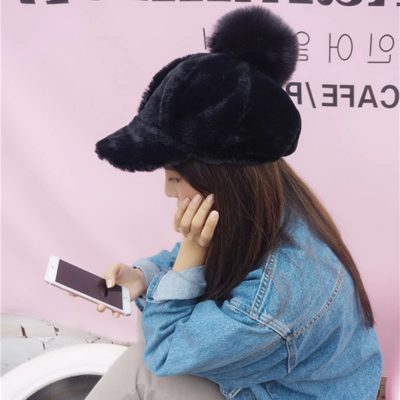 

Korean Ladies Newsboy Hat Warm Solid Color Octagonal Hat Winter Great Plain Beret Hat Female Big Puffy Ball Artist Hat Hat