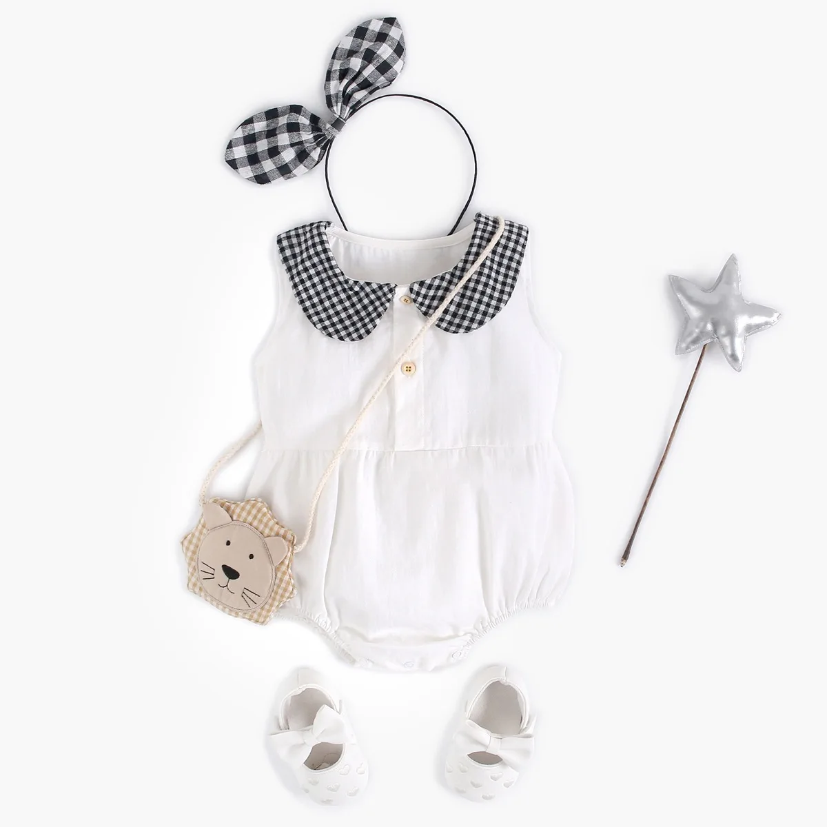 

Cotton Jumpsuit Plaid Peter Pan Collar Newborn Kids Infant Baby Girl Clothing Toddler Children Bodysuit Sleeveless One Piece