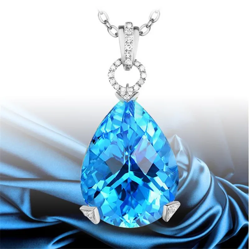 Женское серебряное ожерелье 925 пробы колье чокер с голубым кулоном в форме капли