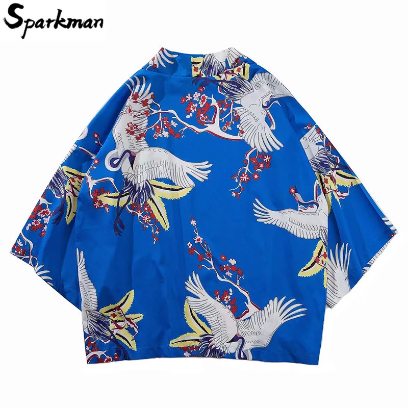 Японский стиль Харадзюку журавль цветок сливы печати Куртки типа кимоно 2018 осень
