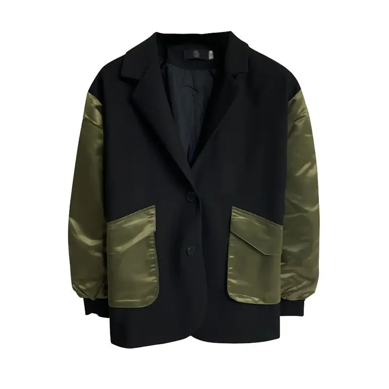 

New Arrival Design Sense Blazer Jacket Female 2021 Autumn Korean Stitching Black Womens Loose BF Casual Suit Jackets Trend aq857