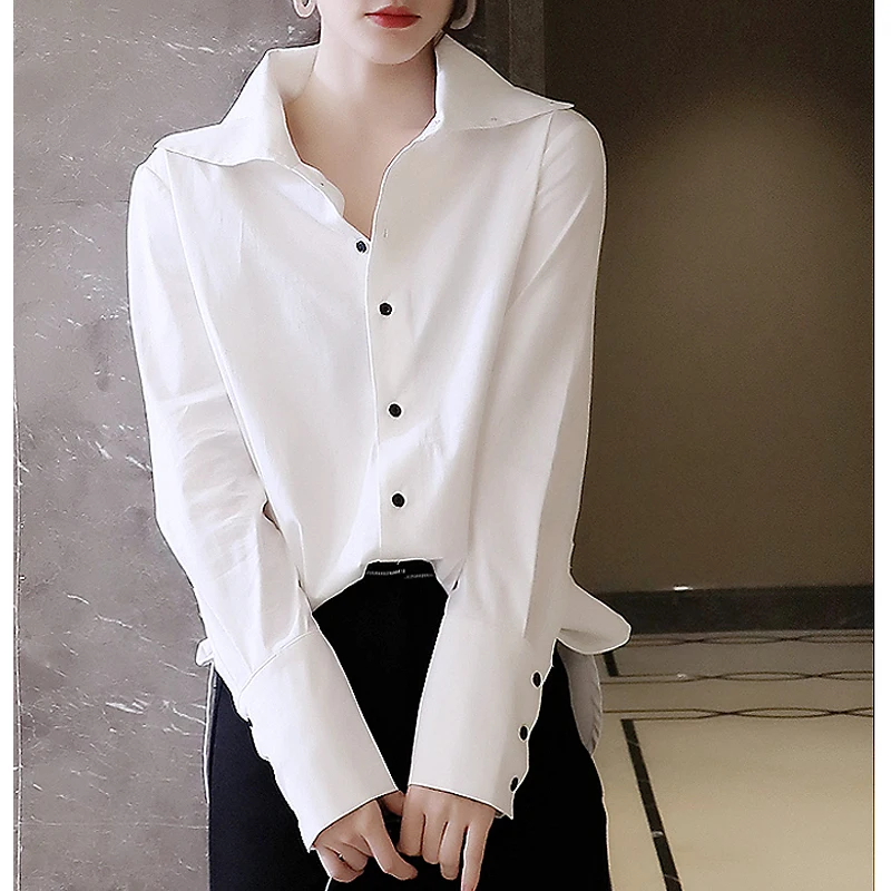 

Chiffon Loose Women's Shirts New Fashion Blouses Casual Long Sleeve Blusas Splicing Polo Collar Buttons Shirts Autumn Houthion