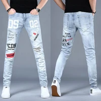 mens light luxury print jeans slimming stretch blue jeans high quality ripped jeans men fashion casual pants for men