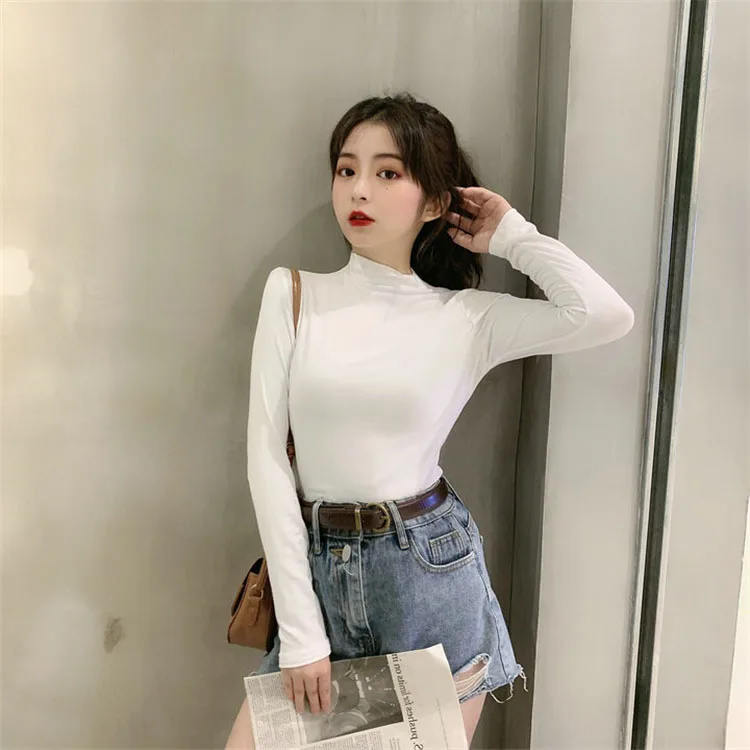 

Половина с высоким, плотно облегающим шею воротником сужающаяся к талии футболка для женщин Весна осень-зима Western Стиль; Эластичные зауженн...