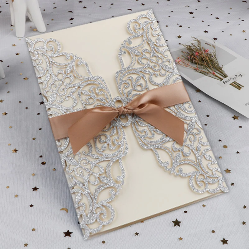 100 шт. блестящие бумажные свадебные открытки лазерная резка визитки с лентой
