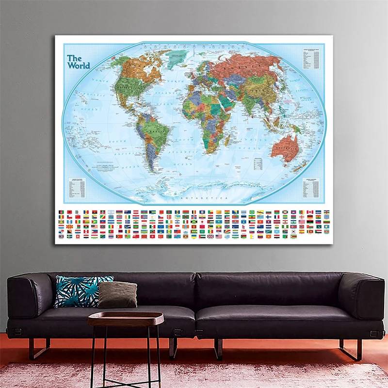 

150x100cm The World Hammer Projection Map With National Flags Non-woven Physical World Map For Culture And Education