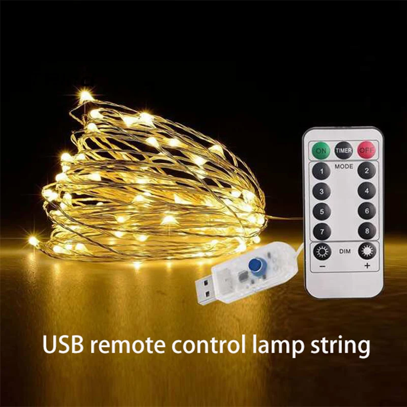 

USB-пульт дистанционного управления, 8 функций, медный провод, лампа-гирлянда, Рождество, свадьба, спальня, украшение, 10 м, 100 светильник, Серебр...
