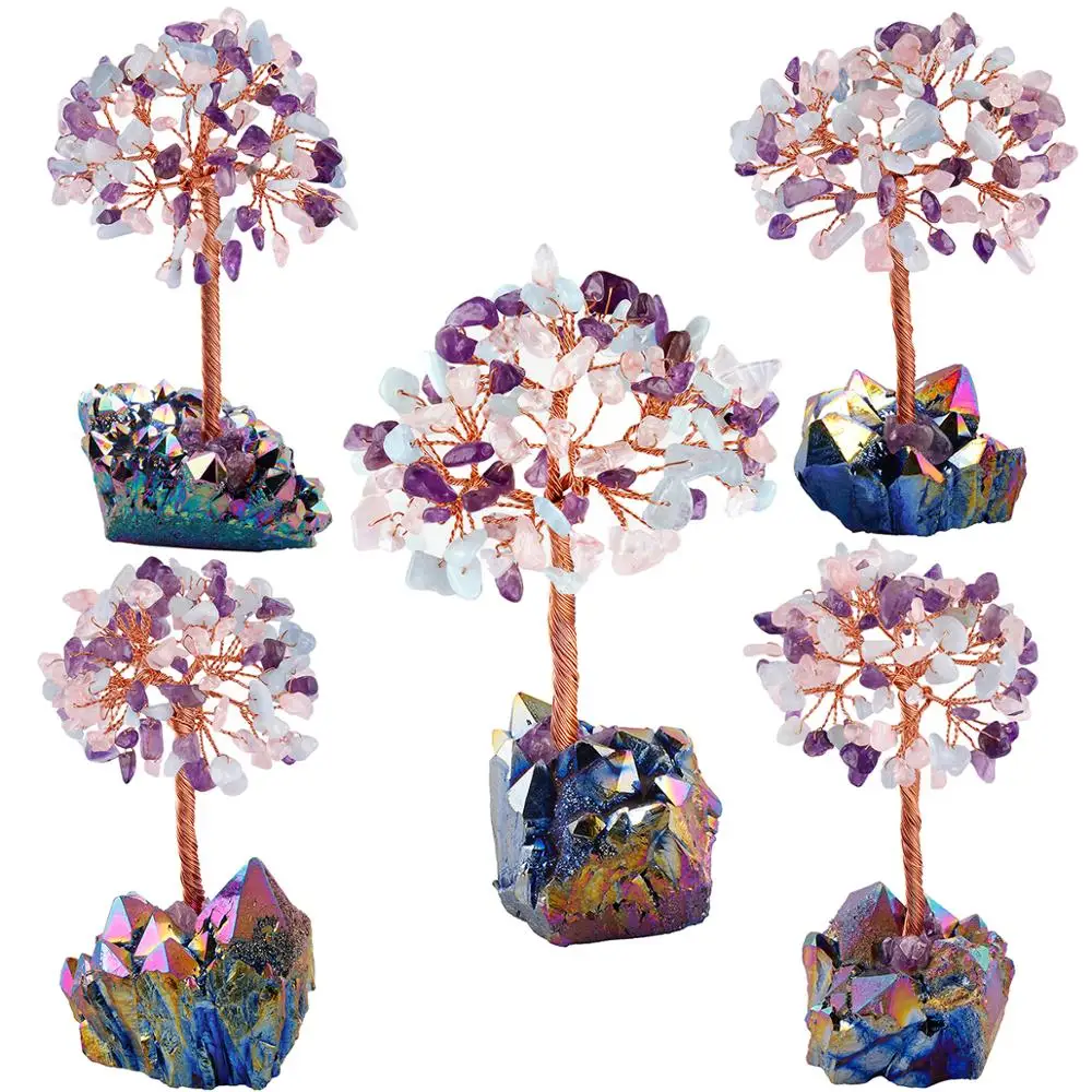 TUMBEELLUWA Crystal Tree Rainbow Aura Titanium Quartz Cluster Base Bonsai Lucky Money Tree Sculpture Home office Decoration