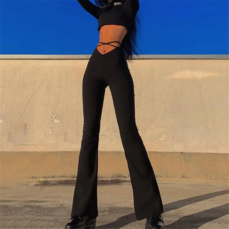

Femal Clothes V-Shaped High Waist Comfortable Long Flare Pant Solid Women Fashion Black Cross-Belt Casual Wide Leg Trousers Pant
