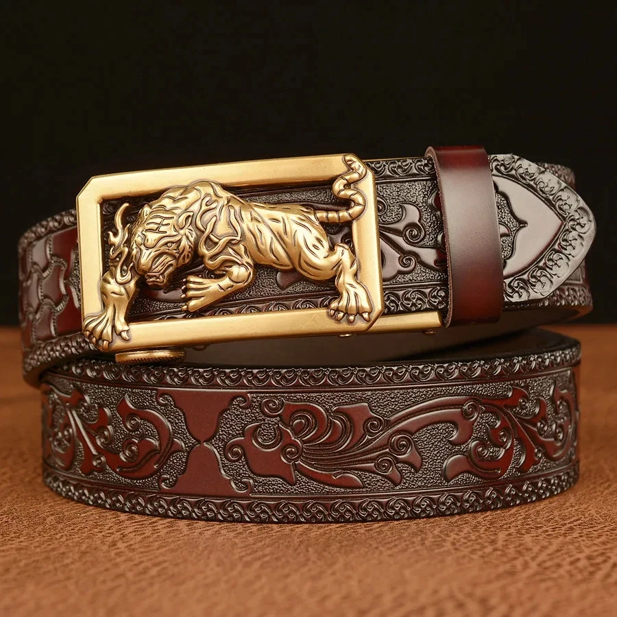 

Creative Personality Men Leather Belt Male Sliver Glod Metal Automatic Buckle Embossing Waistband Tiger Casual Jeans Man Girdle