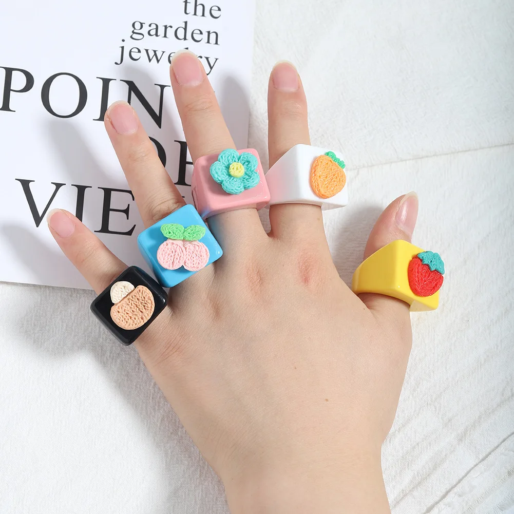

Korean Harajuku Colorful Resin Acrylic Geometric Square Finger Rings For Women Sweet Fruit Strawberry Cherry Flower Ring Jewelry