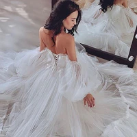 luxury pleats tulle wedding dresses off shoulder long puff sleeves appliques corset back a line bridal gowns vestidos de noiva