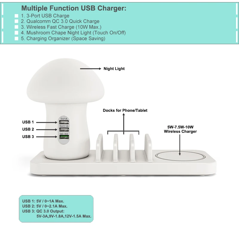 Mushroom LED Light Multi Port 40W USB Charging Station Dock QC 3.0 Quick Charge USB Wireless Charger for iPhone for Samsung