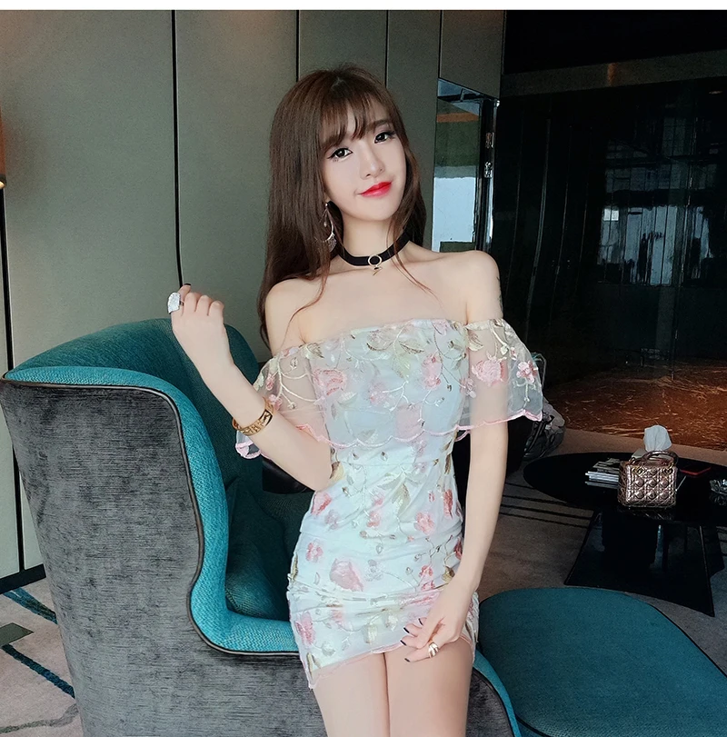 

Bodycon Sexy Dress Woman Summer Style Mesh Off Shoulder Party Mini-dresses Slash Neck Floral Vestido Curto New Moda Feminina