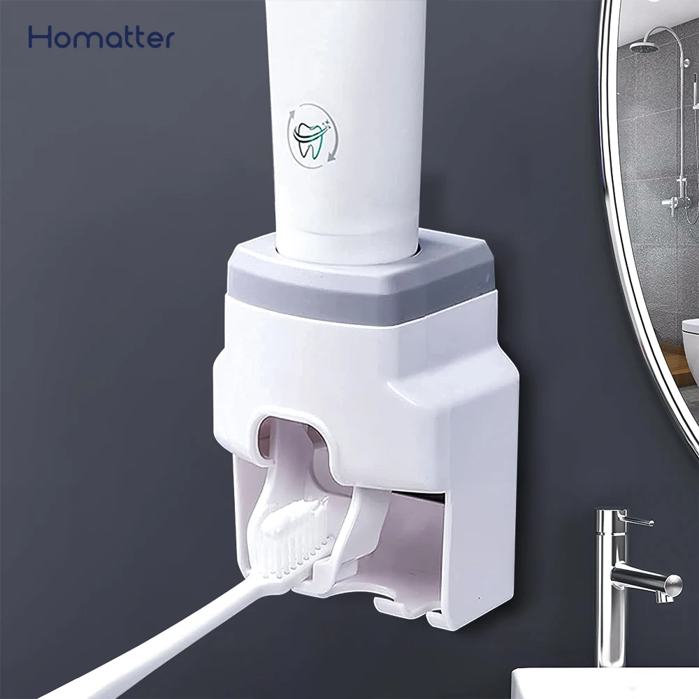 

Homatter Toothpaste Dispenser Wall Mount Stand Bathroom Accessories Waterproof Lazy Toothpaste Squeezer Toothbrush Holder