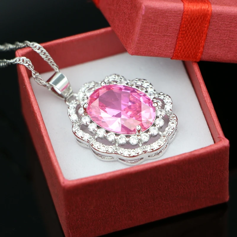 Женское Ожерелье с кулоном из серебра 925 пробы розовым фианитом и белыми