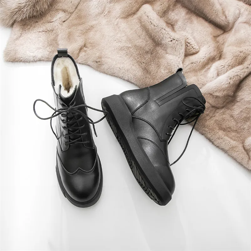

Meotina Real Wool Fur Natural Leather Ankle Boots Women Flats Platform Snow Boots Round Toe Cross Tied Warm Short Boots Winter