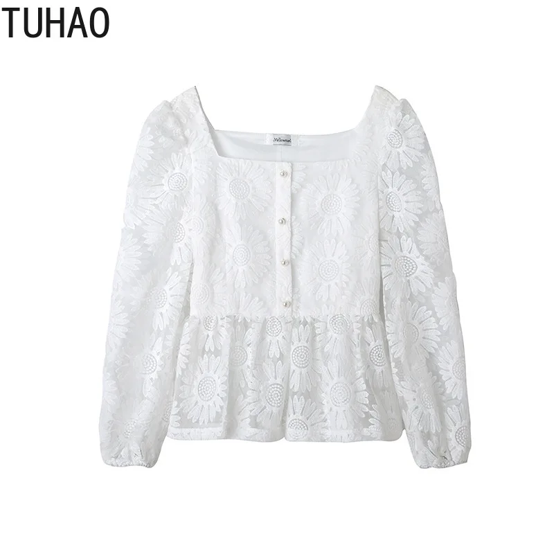 

TUHAO 2020 Spring Autumn Elegant Women OL Blouse Shirt Large Size Women's Long Sleeve ShirtPlus Organza Daisy Top Blouses WM61