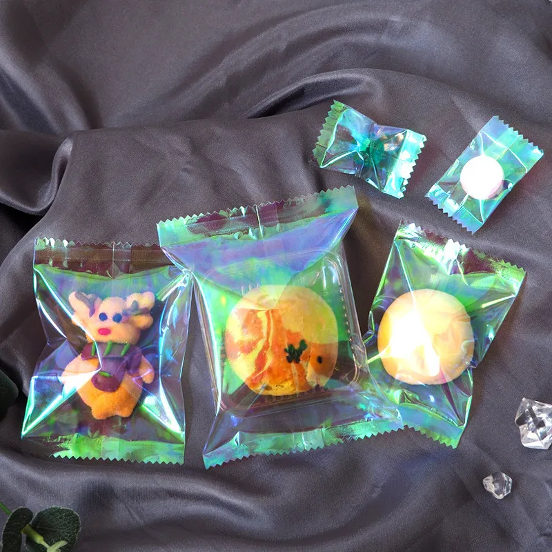 

100Pcs Rainbow Transparent Laser Flat Pocket Candy Biscuit Baking Machine Sealed Bags Party Gift Packaging