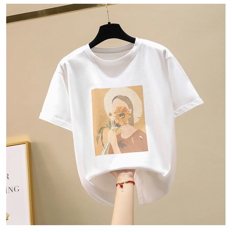 

Cotton Short Tee Shirt Female 2021 Summer Women's O-Neck Short Sleeve Elegant Casual T-Shirt Ladies Loose Creativity Print Tops
