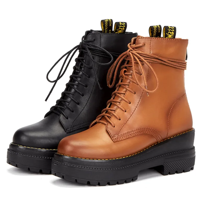 

Women Ankle Boots Matin Low Heel Short Booties Wedge Heel College Style Platform High Top Shoes Lace-Up Zipper botines mujer