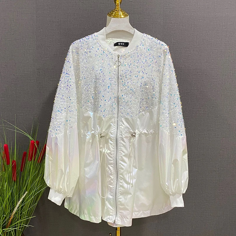 

HWLZLTZHT 2021 New Summer Glossy Sun Protection Coat Long Sleeve Jacket Sequin Female Jacket Women Thin Plus Size Feminine Coat