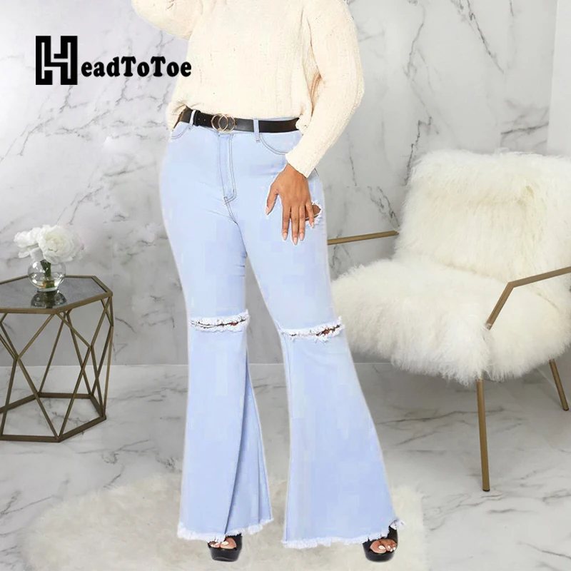 

Solid Ripped Hole Casual Pants Women High Waist Denim Jeans Woman