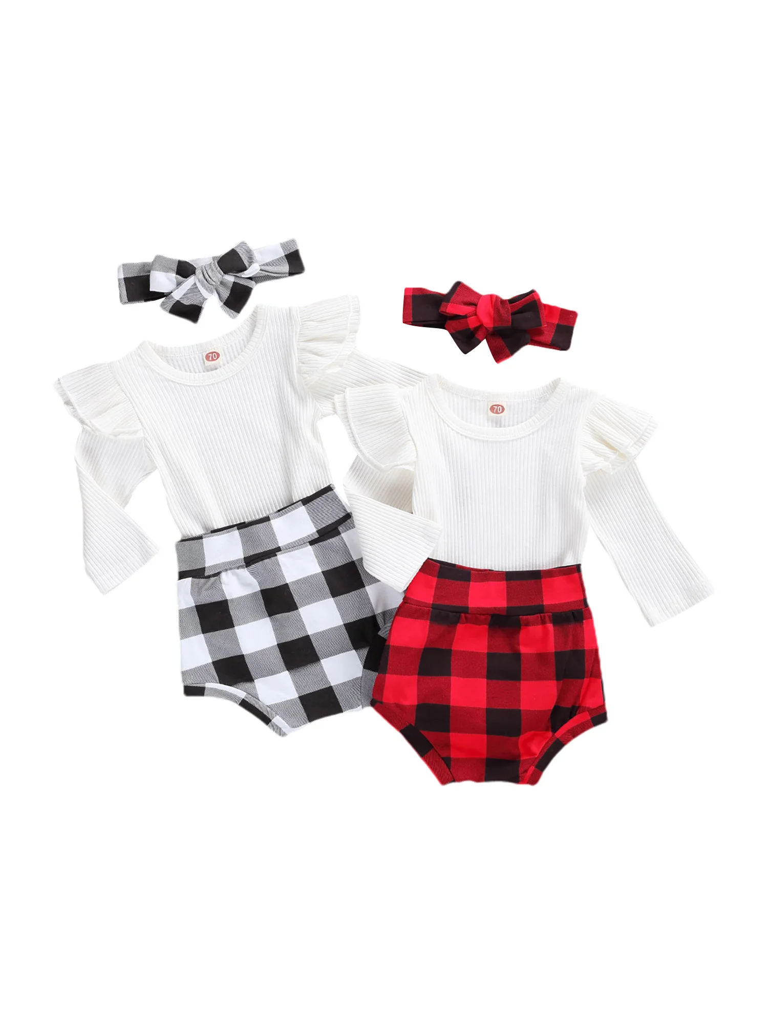 

0-18M Baby Girls Ribbed Knitted Clothes Sets Baby Girls Ruffles Long Sleeve Romper Tops+Plaid Printed Shorts+Headband Outfits
