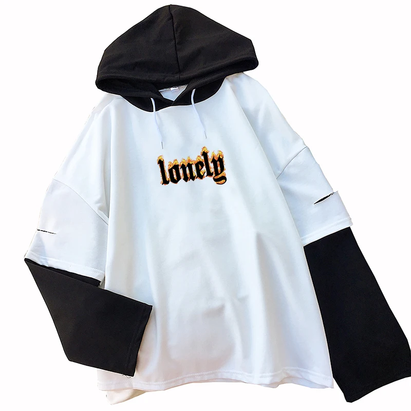 

Женские футболки Harajuku, топы Lonely Frame с буквенным принтом, креативные поддельные, 2 предмета, сращивание, повседневные блузки с капюшоном, y2k, же...