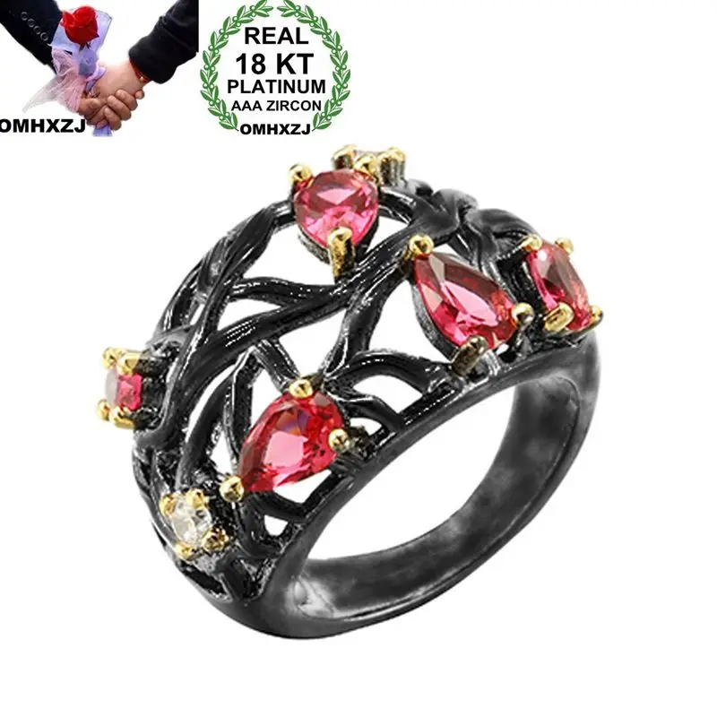 

OMHXZJ Wholesale European Fashion Woman Man Party Wedding Gift Water Drop Red Gold AAA Zircon 18KT Black Gold Ring RR813