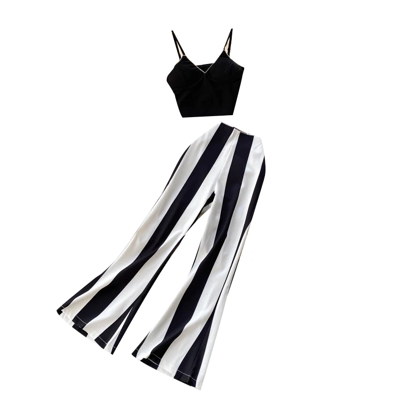 

2021 New Summer Women Sets Korean Sexy V-neck Strap Vest Crop Top And High Waist Wide Leg Long Pant Two Piece Set