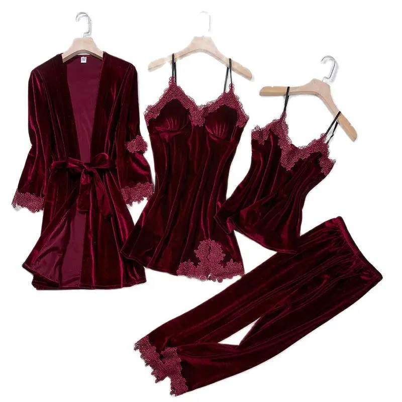 

Женский бархатный пижамный комплект из 4 предметов, бархатный теплый кружевной халат-кимоно бордового цвета, одежда для сна, 2021