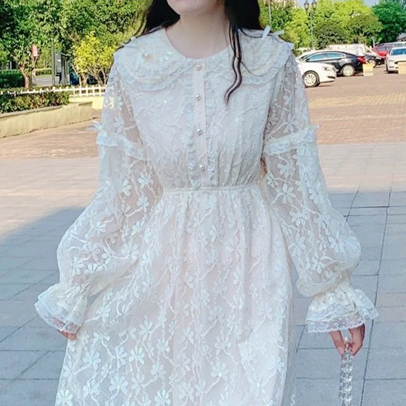 

Sweet Lace Midi Dresses Women Long Sleeve Pure Color Vintage Dress Party Casual Long Sleeve One Piece Dress Korean 2021 Winter