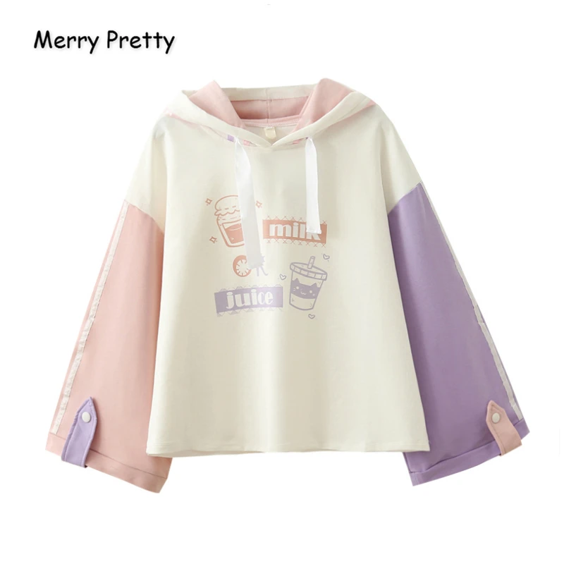 Merry Pretty Хлопковые женские толстовки Harajuku с мультяшным принтом толстовки зимние спортивные костюмы с капюшоном и длинным рукавом контрастных цветов