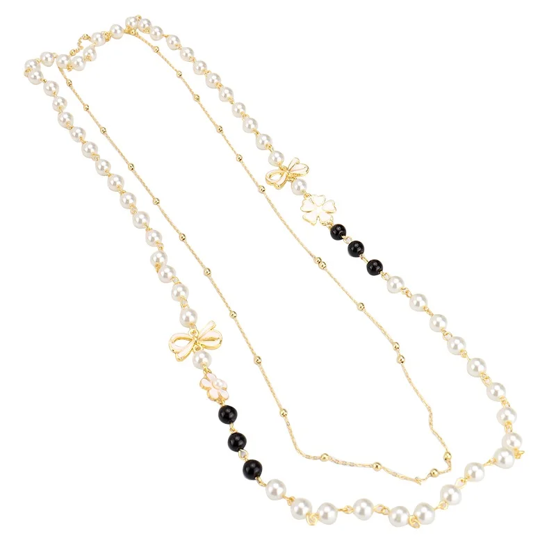 Колье многослойное женское с жемчугом длинное ожерелье камелией и бантом модная