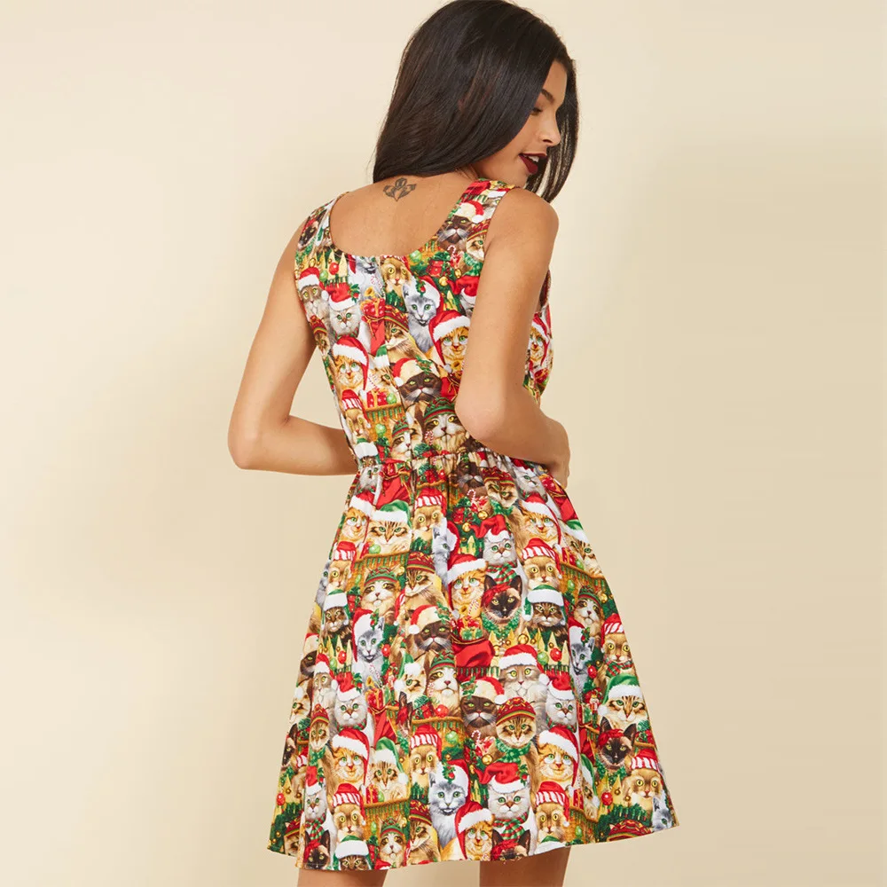 Женское рождественское платье модные платья-трапеции до колен с круглым вырезом