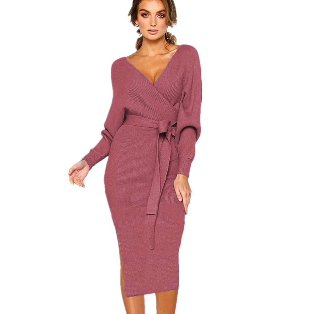 

Ladies Knitted Dress Spring Sexy Casual Long Sleeve Fashion Party Plus Size Vintage Elegant Sweater Dresses For Women Female