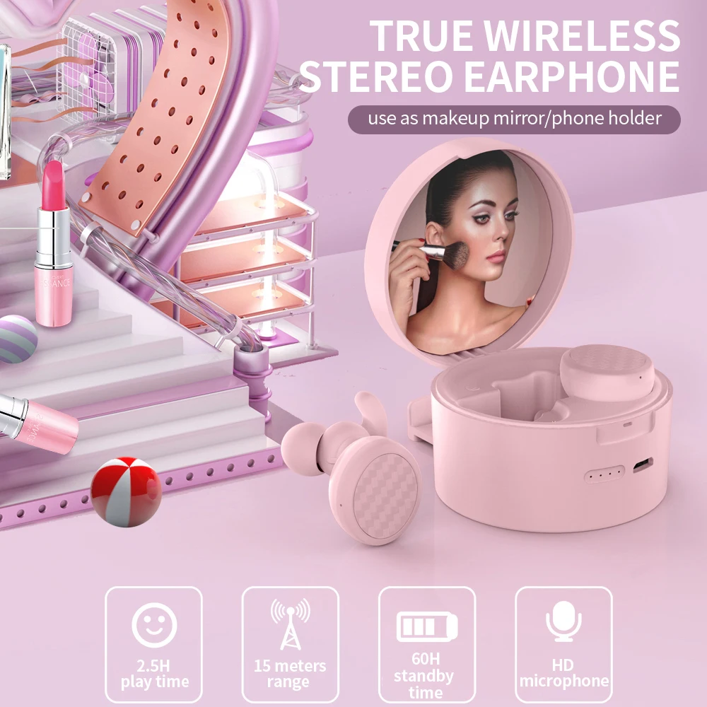 

TWS Wirless In-Ear Earphone Bluetooth Headset Music Headphone Mini With Built-in Mirror Make Up Headset For Huawei Xiaomi Iphone