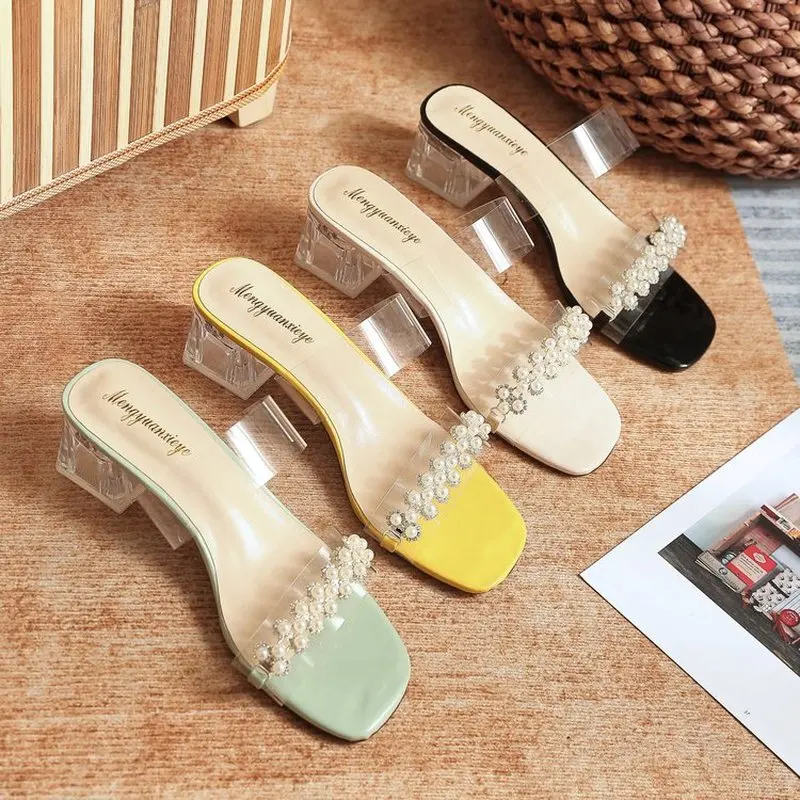 

Women Slippers High Heels Ladies Sandals Summer Pearl Transparent PU Comfort Open Toe Sandals Women's Slippers Zapatillas Mujer