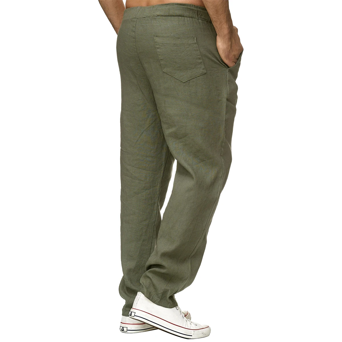 

Men Solid Color Linen Trousers Elastic Drawstring Straight Pants Casual Long Pant Autumn Summer Breathable Male Trousers 2020