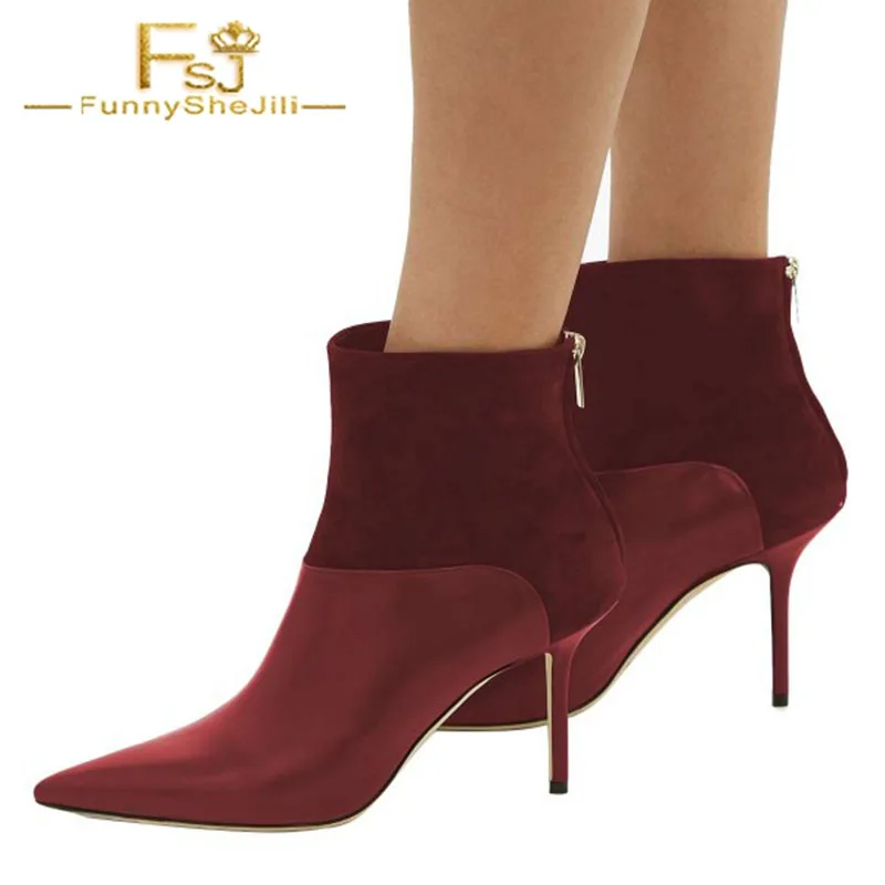 

FSJ Vintage Burgundy Suede Back Zipper Women Ankle Boots Stiletto Heel Pointed Toe Patchwork Ladies Dress Office Booties 2021