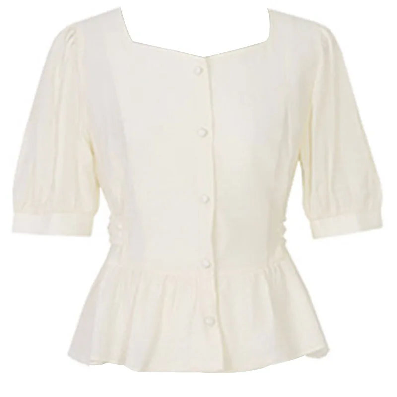 

2020 Summer Korean New French Minority Square Collar Lace-up Girl Blouse Ruffled Waist Trimming Short Top for Women
