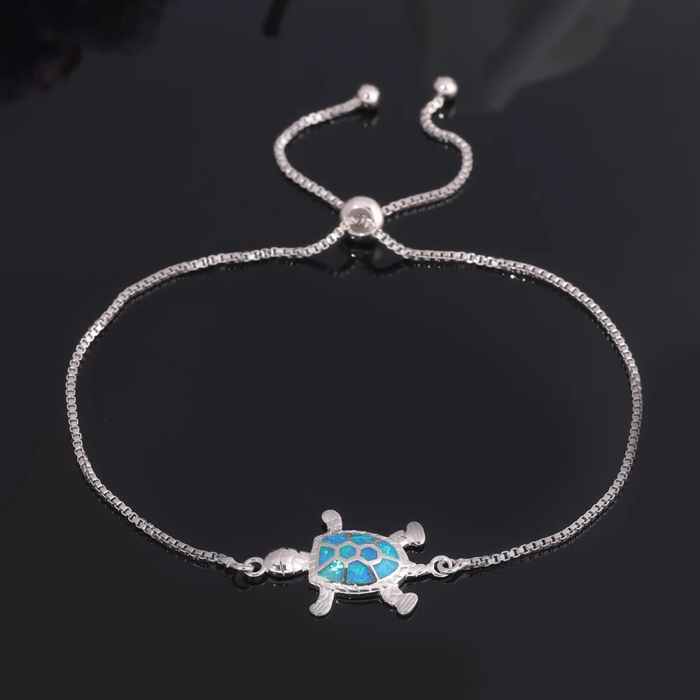 Женский браслет цепочка CiNily белый синий опал черепаха с посеребренным покрытием
