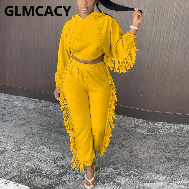 

2 Pieces Pants Sets Women Casual Tassel Design Long Sleeve Top & Pants