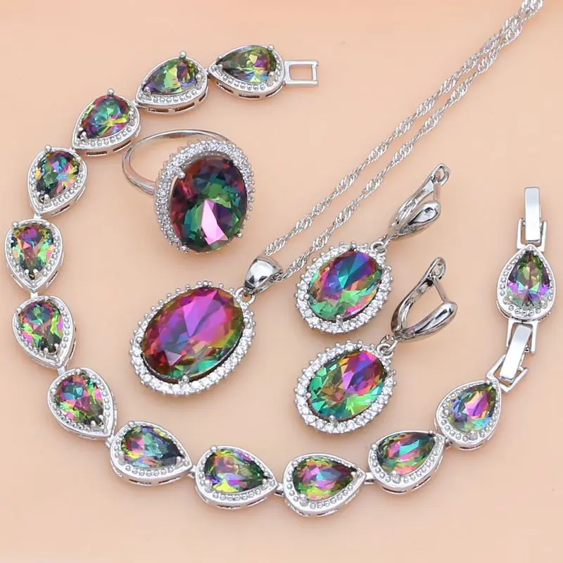 

925 Sterling Silver Jewelry Mystic Fire Rainbow Cubic Zirconia Jewelry Sets Women Earring/Pendant/Necklace/Ring/Bracelet